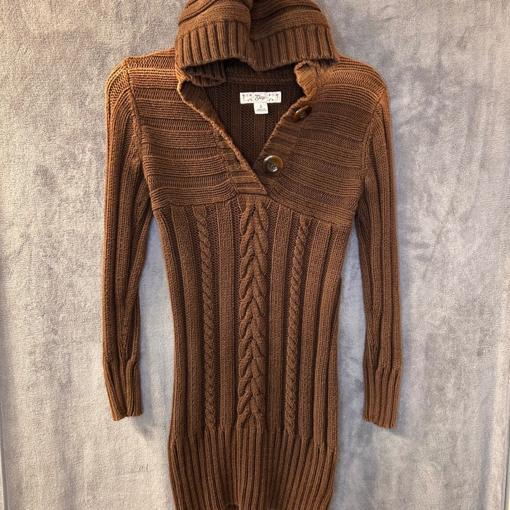 Vintage Gap Womens XS (SZ 8 Tag) Brown Cable Knit Hooded Long Sleeve Sweater